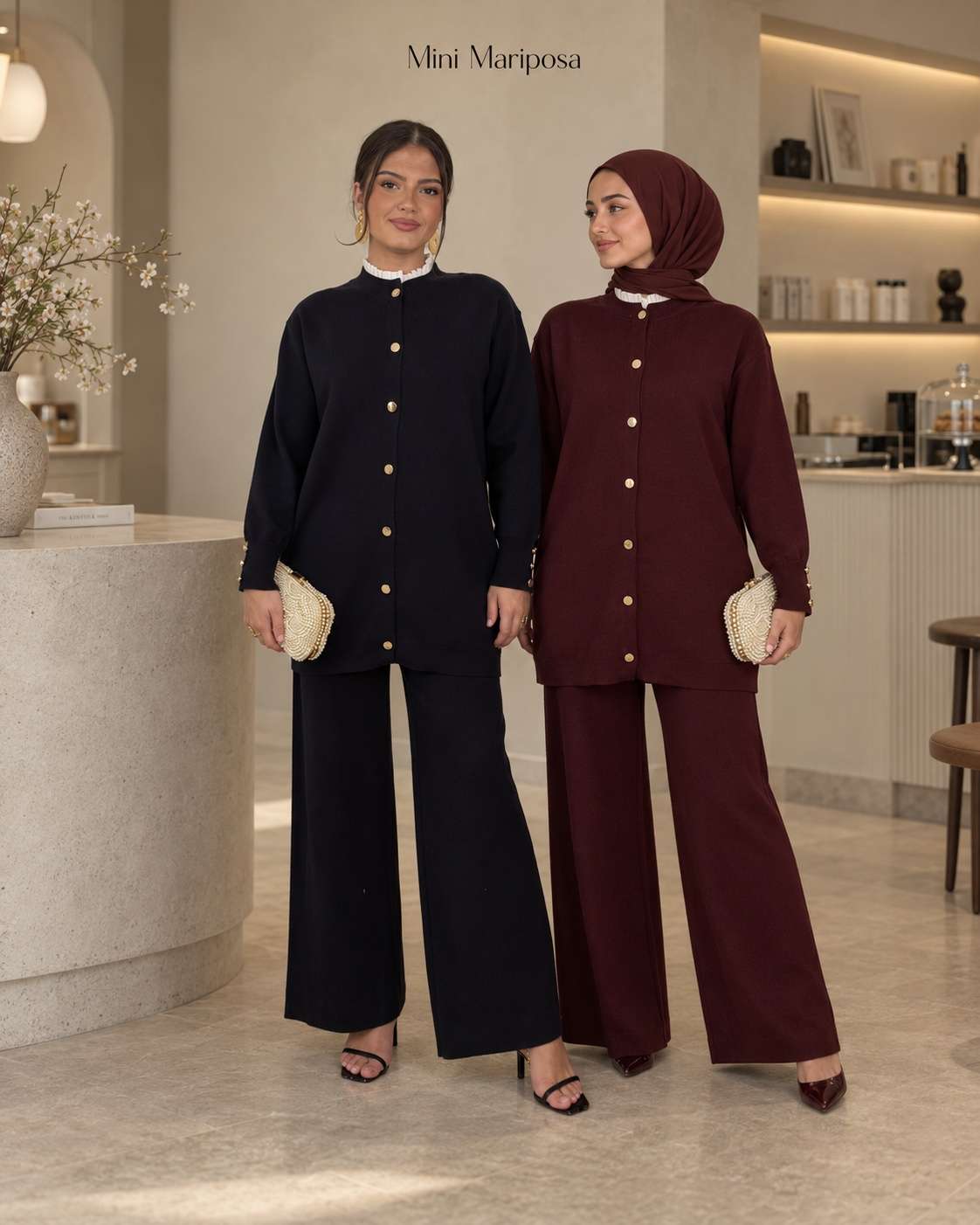 Célia gebreide set met goudkleurige knopen en wijde broek in donkerblauw en bordeaux