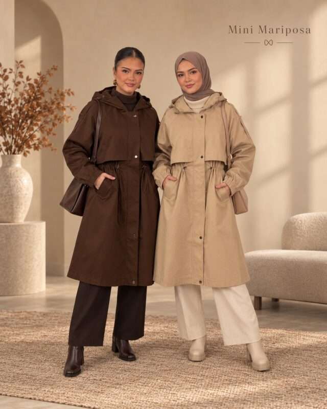 Elora lange damesjas met capuchon en taillekoord in bruin en beige