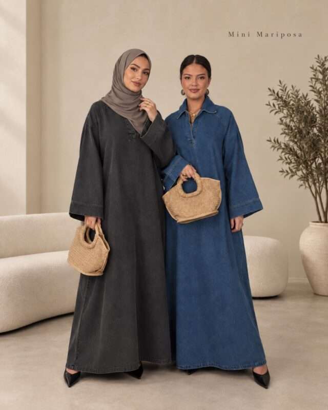 Solène lange denim jurk in antraciet en blauw