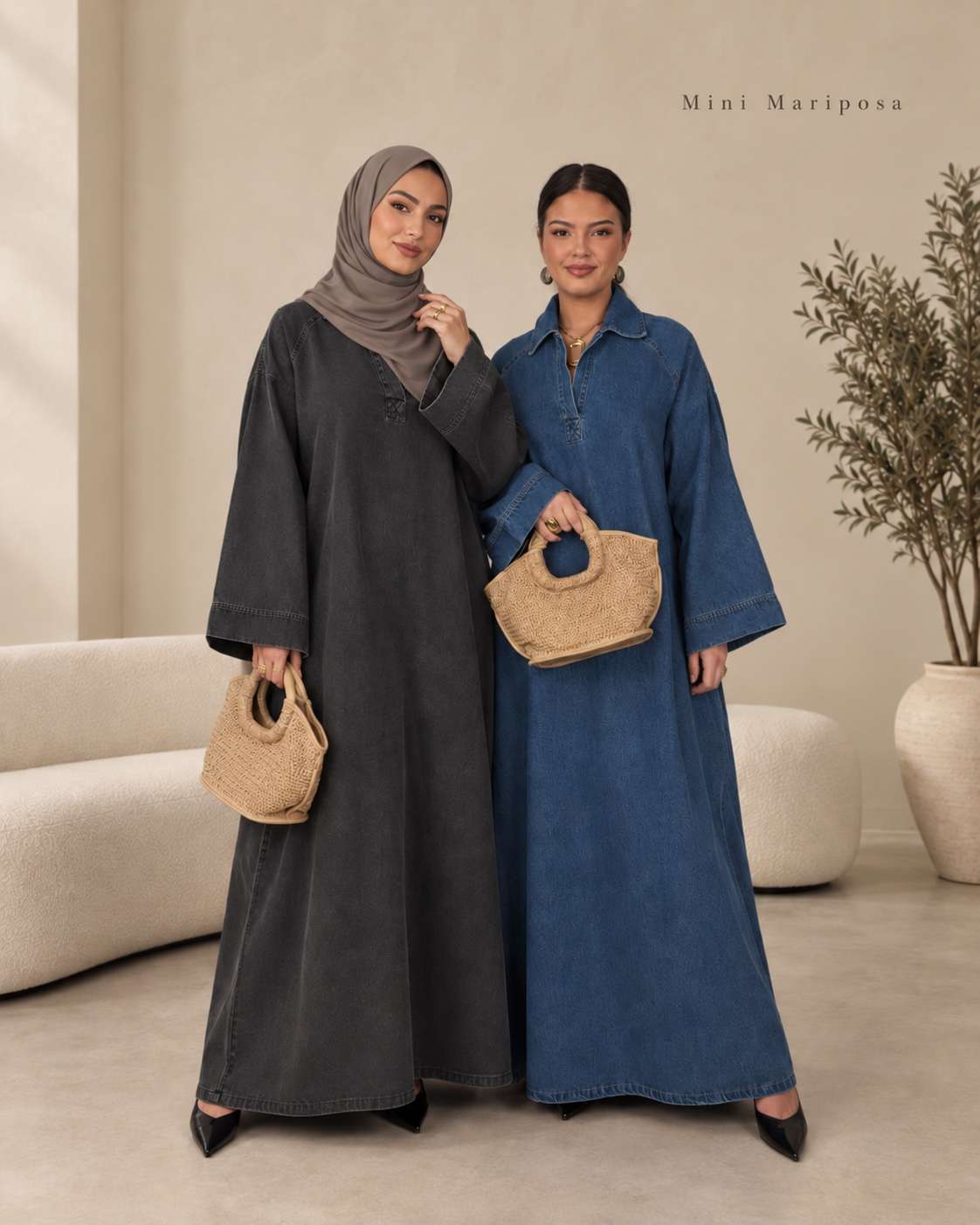 Solène lange denim jurk in antraciet en blauw