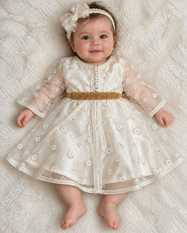 Fleur caftan in crème met bloemen, goudkleurige riem en bijpassende haarband op babymodel